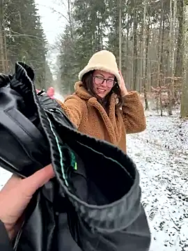 Naked Ava walking in a snow-covered forest 😍