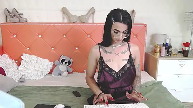 glasses on, satin outfit and jerk off